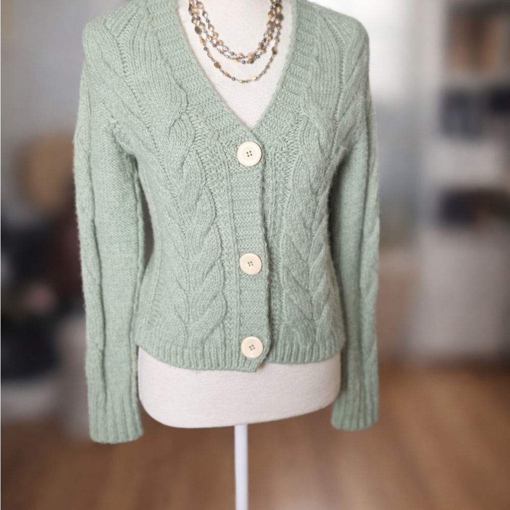 Mint Green Cable Knit Cardigan Sweater